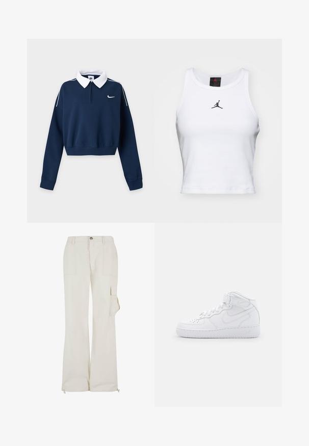 Navyblå cropped sweatshirt med lange ærmer, hvid krave, lille hvid Nike swoosh logo på venstre bryst og hvid piping på skuldrene.; Hvid cropped tanktop lavet af bomuld med ribbet tekstur. Har et sort Jordan-logo i midten og en klassisk rund halsudskæring.; Beige cargo bukser lavet af et let materiale, med en sidelomme, lige ben design og justerbare snorekanter.; Hvide høj-top sneakers lavet af læder med polstret krave, perforeret tå, snørebånd og justerbar ankelrem; logo på siden.