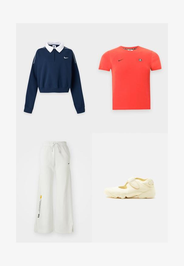 Dunkelblaues, langärmliges Cropped-Sweatshirt mit weißem Kragen, kleinem weißem Nike-Swoosh-Logo auf der linken Brust und weißer Paspel an den Schultern.; Rotes Baumwoll-T-Shirt mit kurzen Ärmeln, versehen mit einem schwarzen Nike-Logo und einem kleinen Markenpatch auf der Brust. Schlichter Rundhalsausschnitt.; Weiße, weit geschnittene Sweatpants mit elastischem Bund, Kordelzug, seitlichen Schlitzen, schwarzem Nike-Logo und kontrastierendem gelbem Grafiktext.; Beiger Sportschuh mit dicker Sohle, Cut-out-Design und zwei verstellbaren Klettverschlüssen auf weißem Hintergrund.