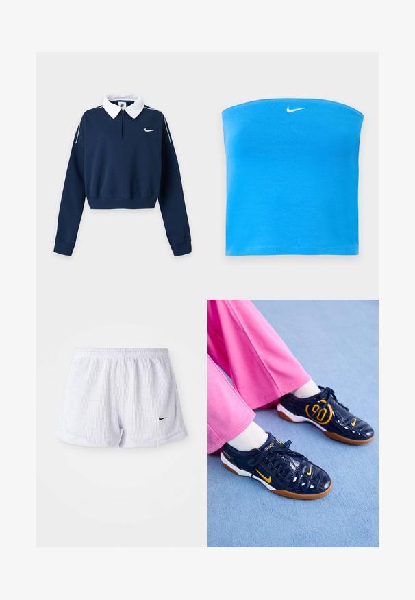 Μπλε ναυτικό, μακρυμάνικο cropped sweatshirt με λευκό γιακά, μικρό λευκό λογότυπο Nike swoosh στο αριστερό στήθος και λευκή ρίγα στους ώμους.; Φωτεινό μπλε strapless tube top της Nike με λευκό λογότυπο Swoosh στο κέντρο κοντά στο πάνω άκρο.; Λευκά, ριγέ αθλητικά σορτς με ελαστική μέση και μικρό μαύρο λογότυπο Nike στη κάτω αριστερή πλευρά. Απλός, μινιμαλιστικός σχεδιασμός.; Ναυτικά συνθετικά αθλητικά παπούτσια με πορτοκαλί λεπτομέρειες, με υφή στο επάνω μέρος, λευκή σόλα και μαύρα κορδόνια. Συνδυασμένα με ροζ φαρδιά παντελόνια.