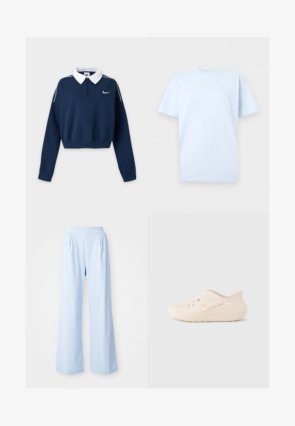 Navyblå cropped sweatshirt med lange ærmer, hvid krave, lille hvid Nike swoosh logo på venstre bryst og hvid piping på skuldrene.; Lyseblå T-shirt med korte ærmer og rund hals med lille hvid Nike swoosh-logo centreret på brystet.; Lyseblå bredbenede bukser med en glat tekstur, elastisk talje og plisserede detaljer på fronten. Fremstillet af et blødt stof.; Beige slip-on træsko med glat overflade, ventilationshuller, riflet detaljer og et guld Nike-logo på siden. Fleksibelt gummimateriale.