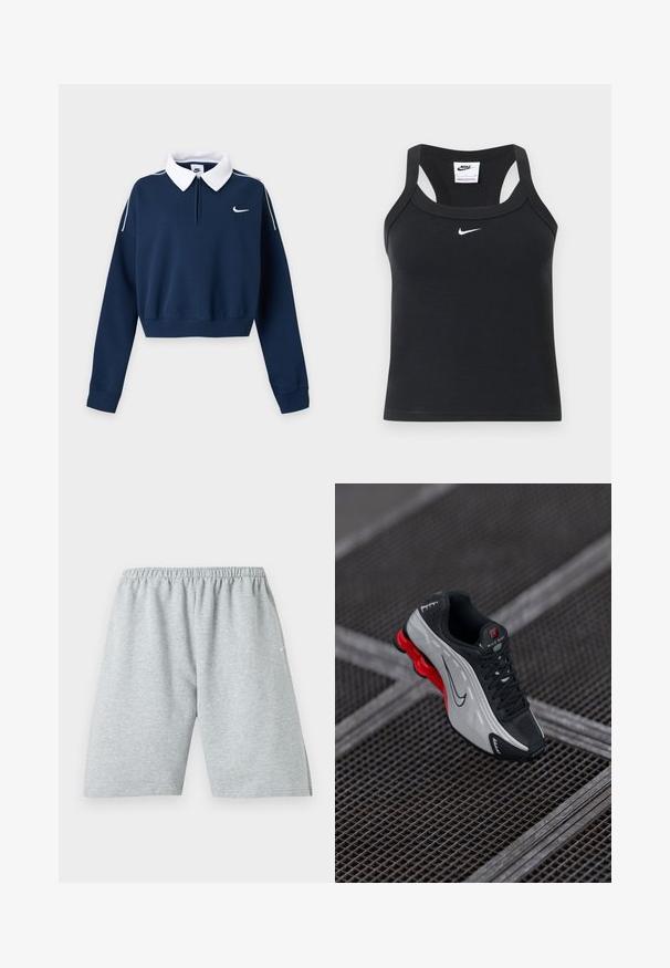 Navyblå cropped sweatshirt med lange ærmer, hvid krave, lille hvid Nike swoosh logo på venstre bryst og hvid piping på skuldrene.; Sort Nike ribbet racerback crop top med hvid Nike swoosh-logo centreret under halsudskæringen.; Lysegrå, knælange sportsshorts med elastisk talje og lille hvidt logo på venstre ben.; Sort og grå atletisk sko med rød polstret sål, sorte snørebånd og swoosh-logo hvilende på metalgitteroverflade.