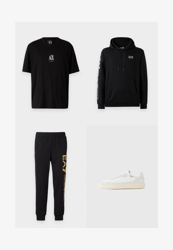 Zwarte hoodie gemaakt van een katoenmix. Heeft een vo zak, een capuchon met trekkoord en EA7-branding in het wit op de borst en mouwen.; Zwarte katoenen t-shirt met korte mouwen, ronde halslijn en een klein wit logo "A|X" gecentreerd op de borst.; Zwarte trainingsbroek van zacht materiaal, met een elastische tailleband en cuffed enkels. Gele branding die verticaal op het linkerpijp is gedrukt.; Witte sneaker met een bovenwerk van gestructureerd suède en leer. Voorzien van een afgeronde neus, vetersluiting en een contrasterende beige rubberen zool.