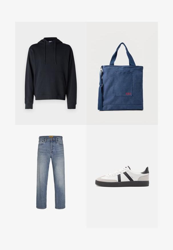 Zwarte hoodie van een katoenmix, met een buidelzak, verstelbare koordjes en ribgebreide manchetten en zoom. Eenvoudig ontwerp.; Lichtblauwe rechte jeans gemaakt van denim, met een vervaagde wassing, vijf zakken, riemlussen en een rits met knoopsluiting.; Witte sneaker met zwarte en grijze accenten, voorzien van een grijze neus met textuur, zwarte rubberen zool en platte witte veters. Schoon ontwerp, minimalistische stijl.; Blauwe canvas tas met voorvak en rode "O.N.S" borduring, voorzien van dubbele handvatten en een verstelbare schouderriem.
