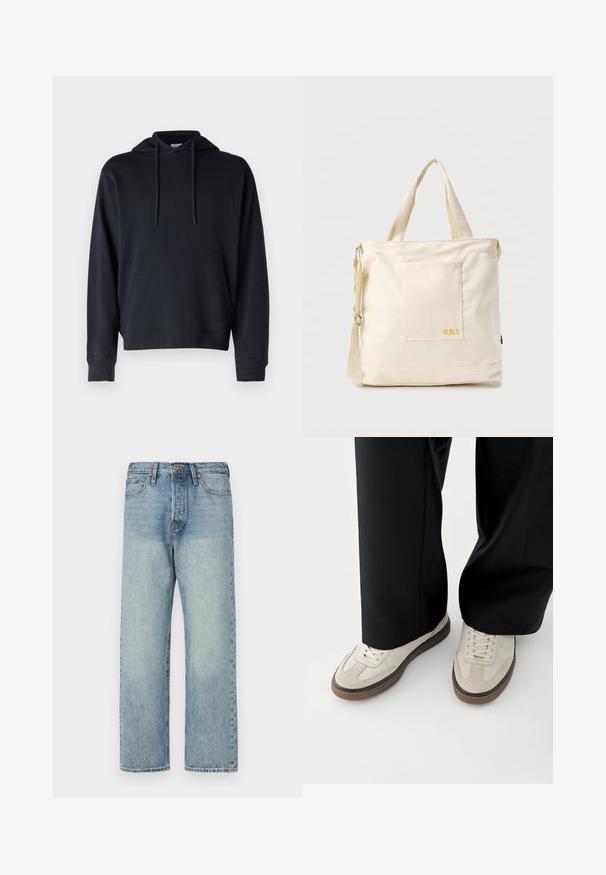 Sort hoodie lavet af en blanding af bomuldsstoffer, med en kengurulomme, justerbare snore og ribmekanter ved håndleddene og kanten. Simpelt design.; Lysblå denimjeans med lige ben-design, fem lommer og bronze hardware. Minimal falming med en ren finish.; Fødder iført beige sneakers med brune såler og sorte bukser med vide ben på hvid baggrund.; Kremfarvet lærredstote-taske med frontlomme, to håndtag, justerbar skulderrem og lille gul "O.N.S" tekst i nederste højre hjørne af lommen.