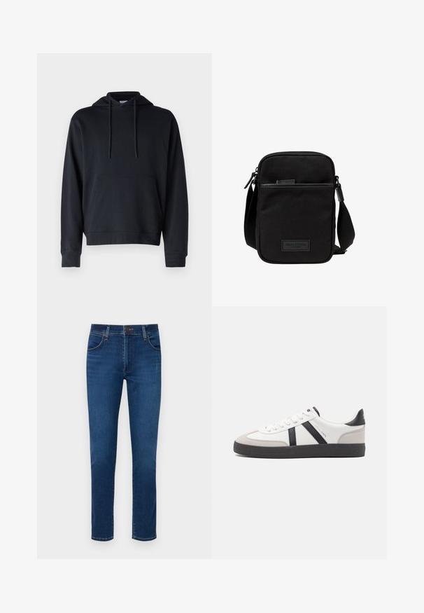 Sudadera negra de tejido de mezcla de algodón, con un bolsillo tipo canguro, cordones ajustables y puños y dobladillo acanalados. Diseño simple.; Vaqueros de denim azul oscuro con un diseño de pierna recta, bolsillos frontales y un cierre de botón en la cinturilla. Textura suave, detalles mínimos.; Zapatilla blanca con acentos en negro y gris, que presenta una puntera texturizada en gris, suela de goma negra y cordones planos blancos. Diseño limpio, estilo minimalista.; Bolso cruzado de tela negra con un compartimento principal con cremallera, acentos de cuero, bolsillo frontal y strap ajustable. Logo de Marc O'Polo visible.