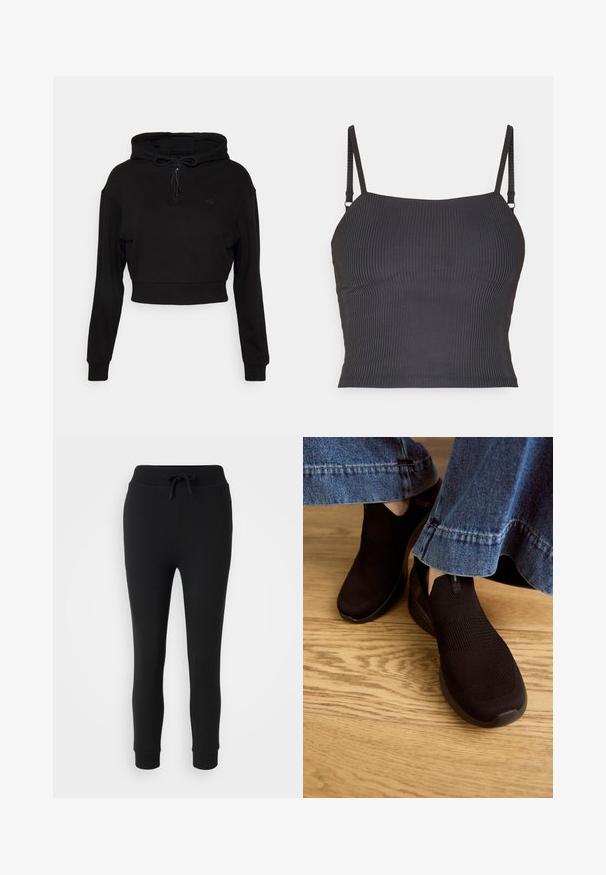 Even&Odd active by Zalando Hoodie - black; Zwarte geribde cami met dunne verstelbare bandjes en een aansluitend ontwerp, met een gladde textuur en een rechte halslijn.; Even&Odd Petite by Zalando Trainingsbroek - black; Zwarte instapschoenen met een getextureerde gebreide bovenkant en elastische opening. Rond toelopende vorm en een lage, gevoerde zool, gedragen met een denim zoom.