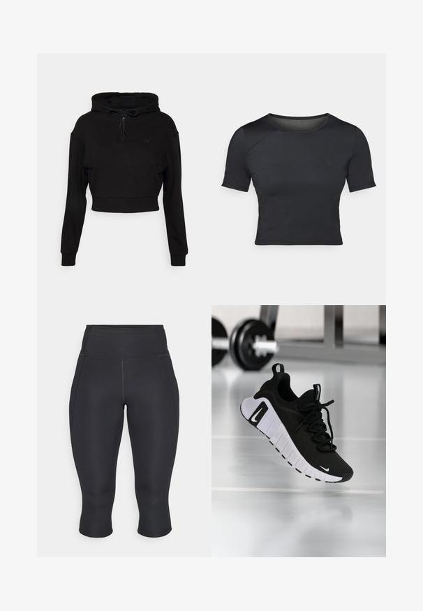 Even&Odd active by Zalando Sweat à capuche - black; Crop top noir à manches courtes fabriqué en tissu lisse et extensible, avec un col rond et de subtiles détails de coutures au niveau des épaules.; Leggings capri noirs en tissu extensible. Conception taille haute avec coutures latérales et ourlet fini, texture lisse, sans motifs visibles.; Chaussure de sport noire avec une tige en tissu texturé, une semelle blanche et un système de laçage prononcé. Présente un logo Nike et un design doux et rembourré.