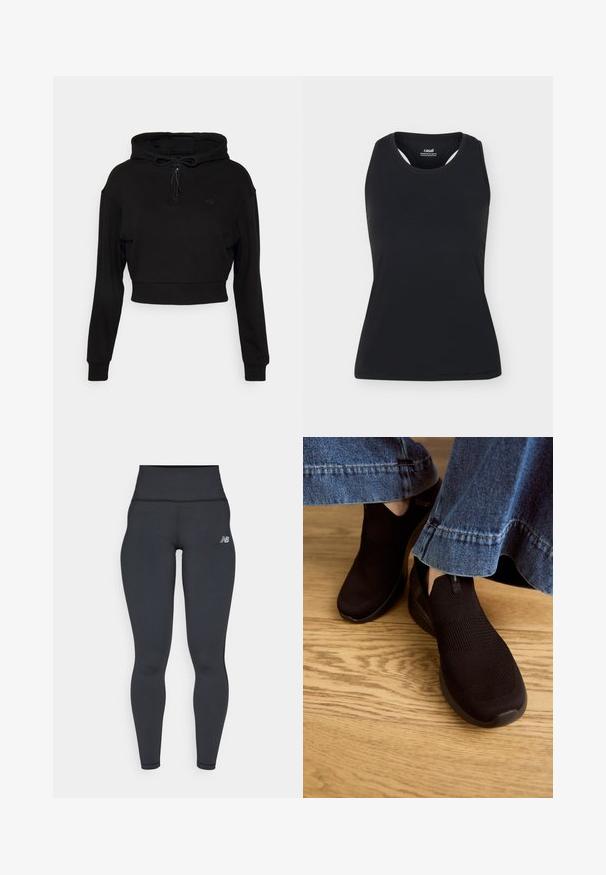 Even&Odd active Hættetrøje - black; Sort ærmeløs sportstanktop med rund halsudskæring og bryderryg, vist på ensfarvet lyst baggrund.; Sorte højtaljede træningsleggings med en tætsiddende design, glat tekstur og et lille hvidt logo på venstre hofte.; Sorte slip-on sko med en tekstureret strikoverdel og elastisk åbning. Rund tåform og lavprofil polstret sål, båret med denimkant.