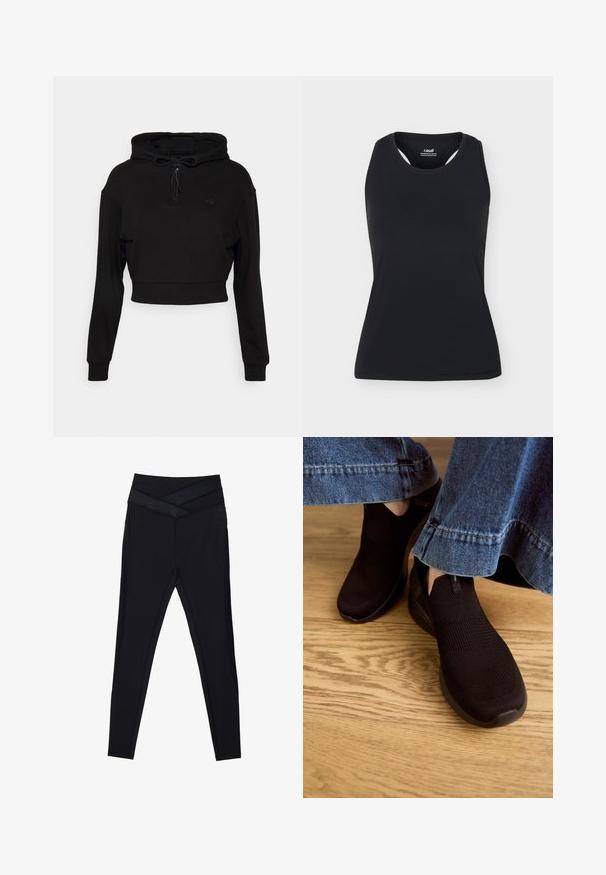 Even&Odd active Mikina s kapucňou - black; Čierne športové tielko bez rukávov s okrúhlym výstrihom a zadným dizajnom racerback, zobrazené na jednoduchom svetlom pozadí.; Čierne legíny s vysokým pásom, širokým pásom s prekrížením a úzkym strihom cez nohy na bielom pozadí.; Čierne slip-on topánky s textúrovaným pleteným zvrškom a elastickým otvorom. Zaoblený tvar špičky a nízkoprofilová polstrovaná podrážka, nosené s deninovými nohavicami.