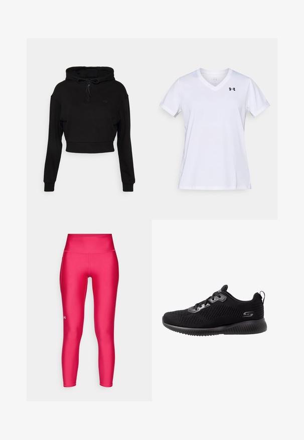 Even&Odd active by Zalando Φούτερ με κουκούλα - black; Λευκό κοντομάνικο T-shirt με V λαιμόκοψη, κατασκευασμένο από βαμβακερό μείγμα, με μαύρο λογότυπο στο πάνω αριστερό μέρος. Ομαλή υφή και κανονική εφαρμογή.; Κολάν εφαρμοστού τύπου σε φωτεινό ροζ, φτιαγμένο από λείο, ελαστικό ύφασμα. Διαθέτει ψηλή μέση και ένα μικρό λογότυπο σε λευκό στο κάτω μέρος του ποδιού.; Μαύρα αθλητικά παπούτσια με υφασμάτινη επάνω επιφάνεια με υφή, σχέδιο με κορδόνια, επενδυμένο κολάρο και μαλακή ελαστική σόλα με ρυτιδωτές λεπτομέρειες.