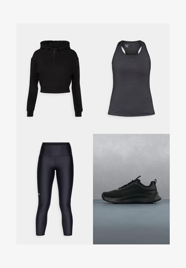 Even&Odd active Hoodie - black; Zwarte atletische tanktop met een racerback-ontwerp, gemaakt van glad, rekbaar materiaal met minimale naden en een logodetail aan de voorkant.; Zwarte leggings van glad, rekbaar materiaal. Hoog ingezette taille met een nauwsluitende pasvorm en een klein logo op het linkerpedaal.; Zwarte Calvin Klein sneaker met dikke zool zwevend boven houten tegels met kleine stenen, wazige muur en groen in de achtergrond.