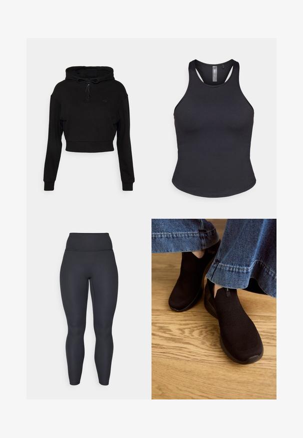 Even&Odd active Kapuzenpullover - black; ONLY Play ONPSANA SHORT - Top - black; Hochtaillierte schwarze gerippte Leggings mit einer figurschmeichelnden Passform, glatter Textur und Vollraumschnitt. Sie verfügen über einen breiten Taillenbund für zusätzlichen Halt.; Schwarze Slipper mit einem strukturierten Strickobermaterial und elastischem Eingangsbereich. Abgerundete Zehenform und profilierte, gepolsterte Sohle, getragen mit einem Denim-Saum.