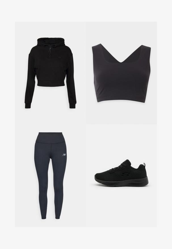 Even&Odd active Hoodie - black; Zwart mouwloos crop top met brede bandjes en een diepe V-hals op een egale lichte achtergrond.; Zwarte hoge taille leggings van rekbaar materiaal, met een strak ontwerp en een klein reflecterend logo op de dij.; Zwarte sport sneakers met een bovenwerk van mesh, gewatteerde kraag, vetersluiting en een gestructureerde rubberen zool. Eenvoudige en gestroomlijnde silhouette.