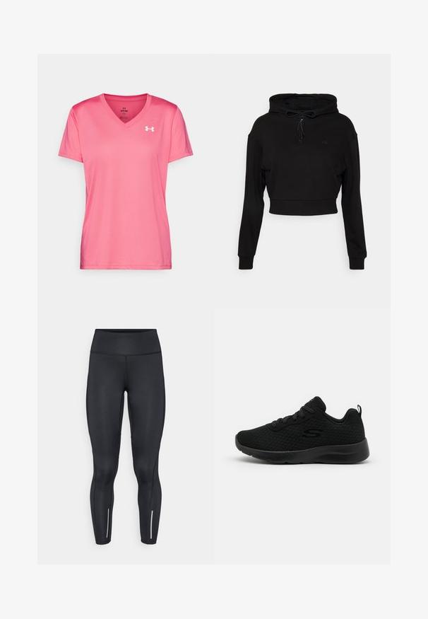 Even&Odd active by Zalando Kapuzenpullover - black; Rosa Sport T-Shirt mit V-Ausschnitt, kurzen Ärmeln und einer leichten, glatten Textur. Mit einem weißen Logo auf der oberen linken Seite.; Schwarze Leggings aus elastischem Material mit hohem Bund, ausgestattet mit reflektierenden Akzenten in der Nähe der Knöchel und glatter Textur.; Schwarze Sportsneaker mit einem Obermaterial aus Mesh, gepolstertem Kragen, Schnürdesign und einer strukturierten Gummisohle. Schlichte und schlanke Silhouette.
