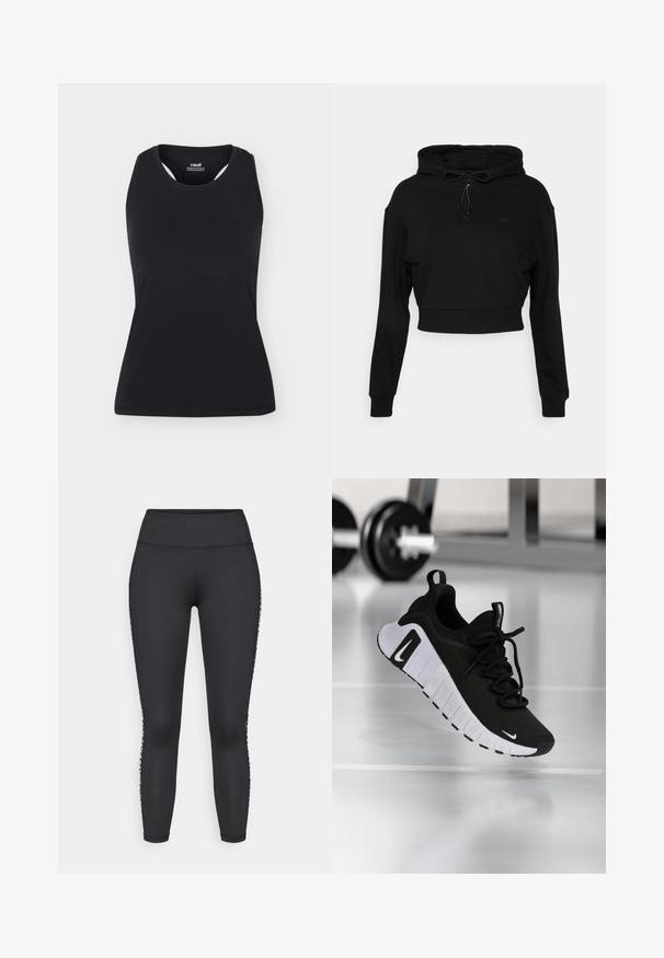 Even&Odd active Kapuzenpullover - black; Schwarzes ärmelloses Sporttanktop mit rundem Ausschnitt und Racerback-Design, auf schlichtem, hellem Hintergrund dargestellt.; Schwarze, knöchellange Leggings aus dehnbarem Material, mit einem glatten Bund und weißen Musterakzenten entlang der Seitennähte.; Schwarzer Sportschuh mit strukturiertem Stoffobermaterial, weißer Sohle und auffälligem Schnürsystem. Verfügt über ein Nike-Logo und ein weiches, gepolstertes Design.