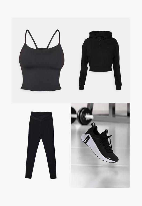 Even&Odd active Kapuzenpullover - black; Schwarzes, tailliertes Top aus glattem Stoff, mit dünnen Trägern und rundem Halsausschnitt, ohne zusätzliche Muster oder Akzente.; Schwarze Leggings mit hoher Taille, breitem, überkreuztem Bund und schlanker Passform entlang der Beine vor weißem Hintergrund.; Schwarzer Sportschuh mit strukturiertem Stoffobermaterial, weißer Sohle und auffälligem Schnürsystem. Verfügt über ein Nike-Logo und ein weiches, gepolstertes Design.
