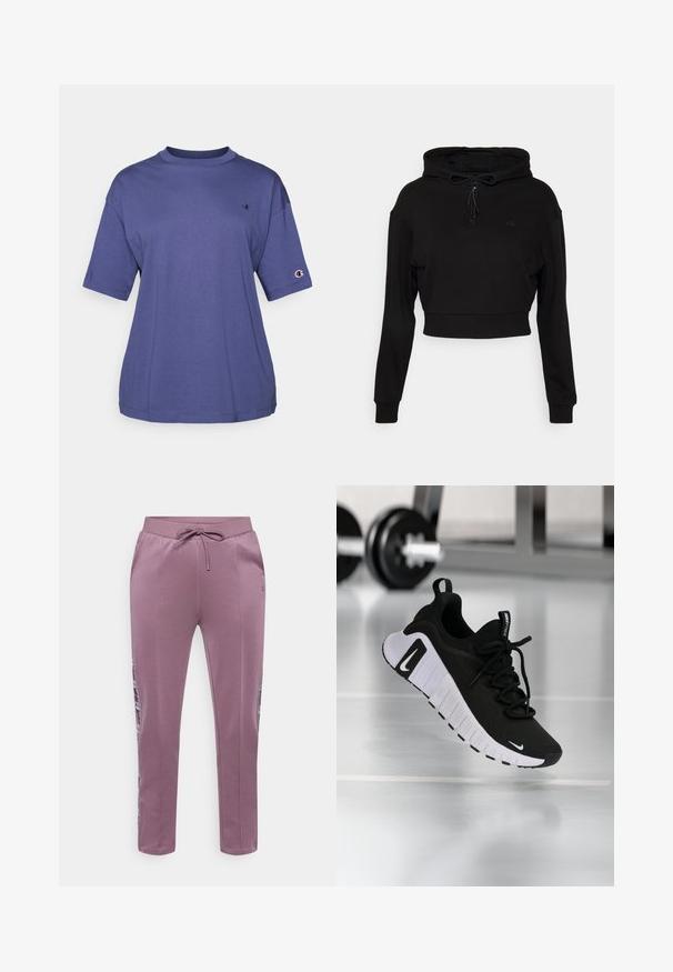 Even&Odd active by Zalando Hættetrøje - black; Lilla bomulds T-shirt med rund hals og korte ærmer, med et lille logo på brystet og et logo patch på ærmet.; Lilla atletiske løbebukser med snøre i taljen, sideliste-detaljer og tilspidsede ben. Fremstillet af blødt, elastisk stof for komfort.; Sort atletiksko med en tekstureret stofoverdel, hvid sål og fremtrædende snøresystem. Indeholder en Nike-logo og et blødt, polstret design.