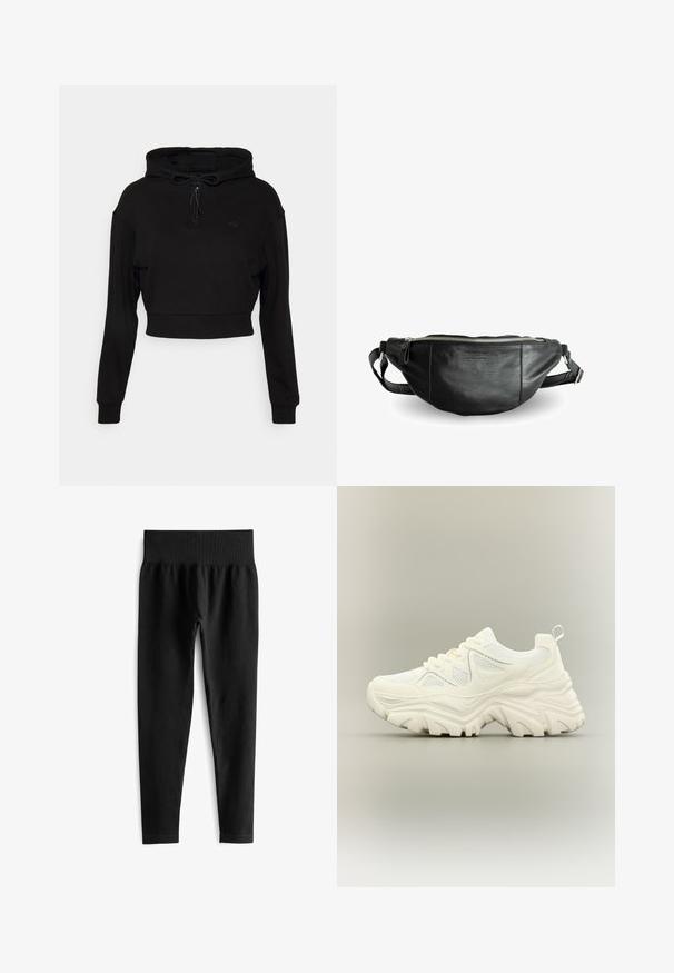 Even&Odd active Hoodie - black; Zwarte geribde leggings met een brede elastische tailleband, met een aansluitende pasvorm en een gladde textuur. Geen zichtbare hardware of patronen.; Witte chunky sneaker met dikke textuurrijke zool, mesh panelen, veters aan de voorkant en een treklipje aan de hiel op een neutrale achtergrond.; Still Nordic BASIC - Heuptas - black