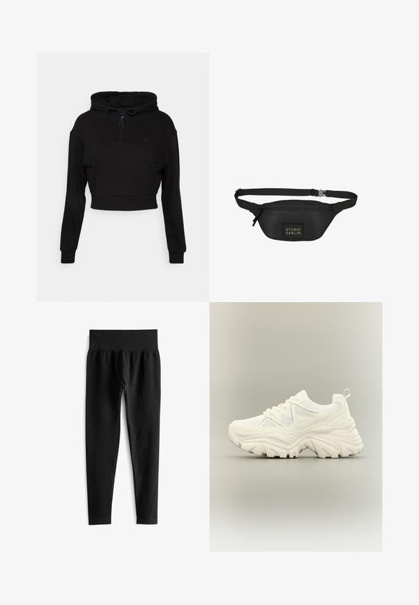 Even&Odd active by Zalando Hættetrøje - black; Sorte ribbede leggings med en bred elastisk talje, der har en tætsiddende silhuet og en glat tekstur. Ingen synlig hardware eller mønstre.; Hvid chunky sneaker med tyk tekstureret sål, mesh paneler, snørelukning foran og trækstrop ved hælen på en neutral baggrund.; Sort bæltetaske lavet af glat, vandafvisende materiale, med en rektangulær form, justerbar rem og en frontlogo-patch.