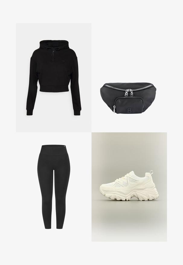 Even&Odd active by Zalando Jersey con capucha - black; Mallas negras con una cintura alta elástica, textura suave y diseño ceñido, adecuadas para diversas actividades.; Zapatilla blanca gruesa con suela gruesa y texturizada, paneles de malla, cierre de cordones en la parte delantera y tira en el talón sobre un fondo neutro.; Riñonera de nailon negra con un compartimento principal con cremallera y un bolsillo delantero, con cremalleras plateadas y un logotipo en relieve de la letra "B".
