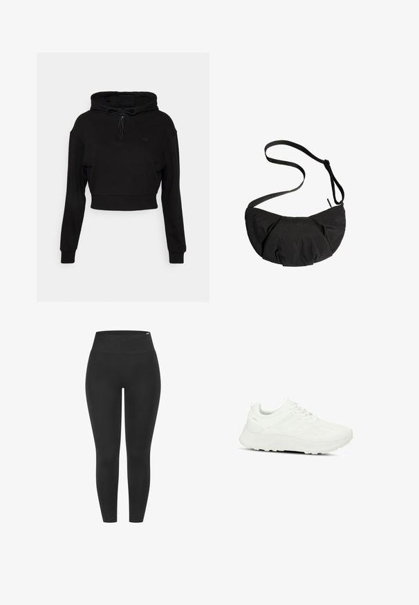 Even&Odd active by Zalando Hættetrøje - black; Sorte leggings med en høj elastisk talje, glat tekstur og tætsiddende design, velegnet til forskellige aktiviteter.; Hvide atletiske sko med en tekstureret overdel og mesh-paneler, snørebåndsdesign, polstret sål og diskret logo på hælen.; Sort halvmåneformet crossbody-taske med justerbar rem og rynket stofdetalje mod en hvid baggrund.