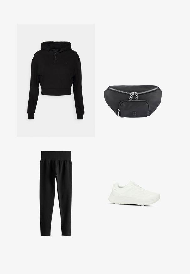 Even&Odd active Hættetrøje - black; Sorte ribstrikkede leggings med høj talje og bred elastik i taljen, tætsiddende pasform i fuld længde uden synlige logoer eller mønstre.; Hvide atletiske sko med en tekstureret overdel og mesh-paneler, snørebåndsdesign, polstret sål og diskret logo på hælen.; Sort nylon bæltetaske med et hovedrum og en frontlomme, udstyret med sølvfarvede lynlåse og et forhøjet "B" logo.