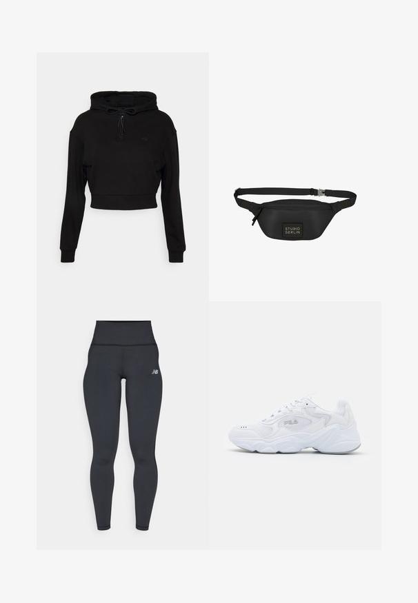 Even&Odd active by Zalando Sweat à capuche - black; Leggings de sport noirs taille haute avec un design ajusté, texture lisse et un petit logo blanc sur la hanche gauche.; Baskets blanches avec une tige en mesh texturé, un col rembourré et une semelle épaisse. Présente un logo sur le côté et un système de laçage.; Sac banane noir en matériau lisse et résistant à l'eau, avec un corps rectangulaire, une sangle ajustable et un patch logo à l'avant.