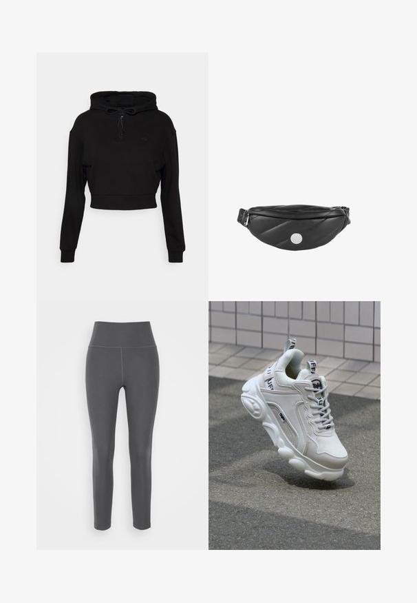 Even&Odd active by Zalando Sweat à capuche - black; Leggings taille haute gris fabriqués en tissu extensible et lisse avec des coutures plates et un design ajusté, adaptés pour des activités sportives ou des tenues décontractées.; Sneaker blanc en matériaux mesh et cuir, bout arrondi, semelle épaisse, lacets proéminents et marqué au talon et sur la languette.; Sac banane en cuir matelassé noir avec une texture lisse, une forme arrondie et des éléments en métal argenté. Présente un détail logo sur le devant.