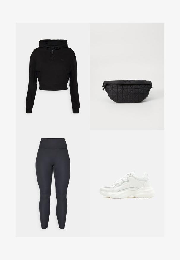 Even&Odd active Jersey con capucha - black; Leggings negros de canalé de cintura alta con un diseño ajustado, textura suave y ajuste de longitud completa. Cuenta con una cinturilla ancha para mayor soporte.; Zapatilla deportiva blanca y robusta con suela gruesa, cierre de cordones en la parte frontal y parte superior sintética lisa con detalles de costuras sutiles.; Bolso negro acolchado con una textura suave y acolchada y un patrón de diamantes angulares, con una silueta curvada y cierre de cremallera.