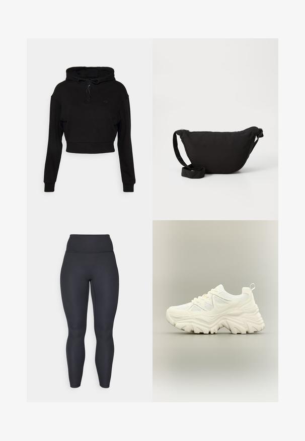 Even&Odd active Hættetrøje - black; Høj taljede sorte ribbede leggings med en tætsiddende design, glat tekstur og fuldlængde pasform. Har en bred talje for støtte.; Hvid chunky sneaker med tyk tekstureret sål, mesh paneler, snørelukning foran og trækstrop ved hælen på en neutral baggrund.; Sort hobo taske lavet af blødt stof, med en buet form, lynlåslukning og en bred justerbar rem. Glat tekstur uden mønstre.