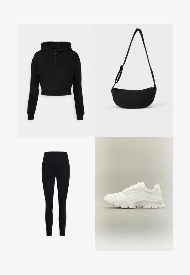 Even&Odd active by Zalando Hættetrøje - black; Girlfriend Collective FLOAT HIGH RISE LEGGING 7/8 - Tights - black; Hvid atletisk sneaker med mesh og læderoverdel, chunky sål og trækflig ved hælen, vist i sideprofil på neutral baggrund.; Sort stof skuldertaske med en buet form, der har en enkelt flettet rem og en lynlåslukning. Diskret logo på forsiden.