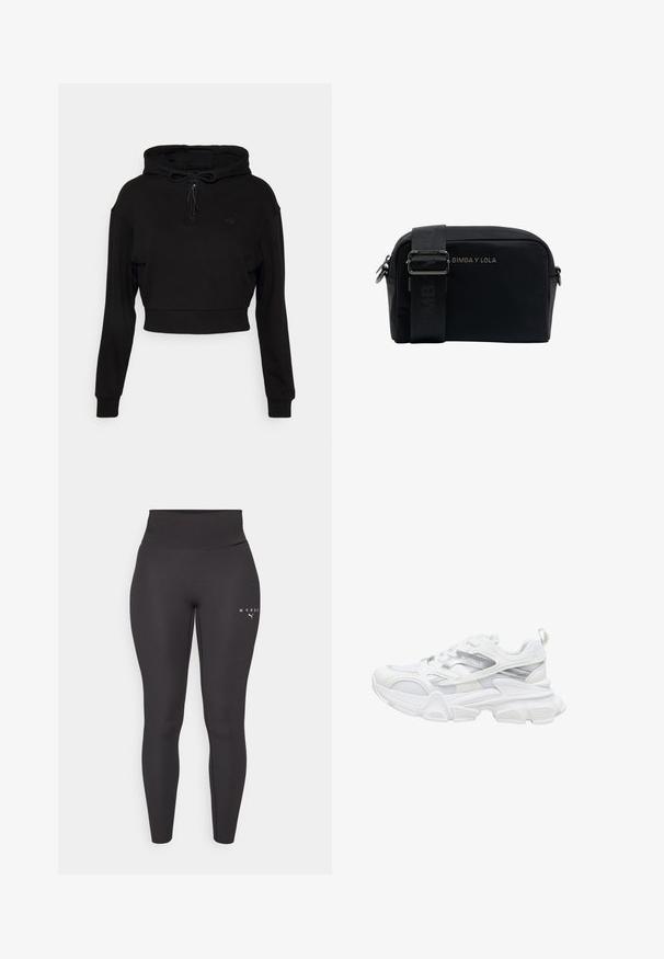 Even&Odd active Jersey con capucha - black; Leggings atléticos negros hechos de material elástico, con una cinturilla alta y un discreto detalle de logo en la pierna izquierda. Textura suave.; Zapatilla deportiva blanca con suela gruesa, parte superior de malla y sintética, detalles plateados y marca "BUFFALO" en el lateral.; Bolsa cruzada de nylon negro con forma rectangular, correa ajustable y herrajes plateados. Presenta el logo de la marca en relieve en la parte delantera.