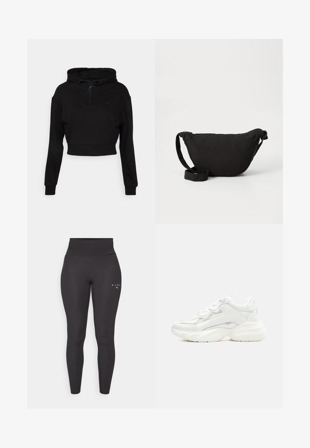 Even&Odd active by Zalando Mikina s kapucňou - black; Čierne športové legíny vyrobené z elastického materiálu, s vysokým pásom a decentným logom na ľavej nohe. Hladká textúra.; Biela masívna teniska s hrubou podrážkou, šnurovaním vpredu a hladkým syntetickým zvrškom so subtílnymi švami.; Čierna taška hobo vyrobená z mäkkej textílie, s hladkým zakriveným tvarom, so zipsovým uzáverom a širokým nastaviteľným popruhom. Hladká textúra bez vzorov.