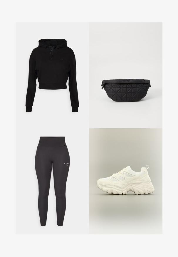 Even&Odd active by Zalando Hoodie - black; Zwarte sportleggings van rekbaar materiaal, met een hoge tailleband en subtiele logo-opdruk aan de linkerpijp. Gladde textuur.; Witte chunky sneaker met dikke textuurrijke zool, mesh panelen, veters aan de voorkant en een treklipje aan de hiel op een neutrale achtergrond.; Zwarte, gewatteerde tas met een zachte, gewatteerde textuur en een hoekig ruitpatroon, met een gebogen silhouet en ritssluiting.