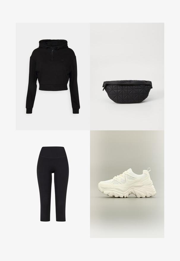 Even&Odd active by Zalando Sweat à capuche - black; Leggings noires trois quarts en tissu extensible, avec une taille haute et sans motifs ni éléments visibles.; Baskets blanches épaisses avec semelle texturée épaisse, panneaux en mesh, laçage à l'avant et languette au talon sur un fond neutre.; Sac noir matelassé avec une texture douce et rembourrée, un motif en diamant angulaire, une silhouette arrondie et une fermeture éclair.