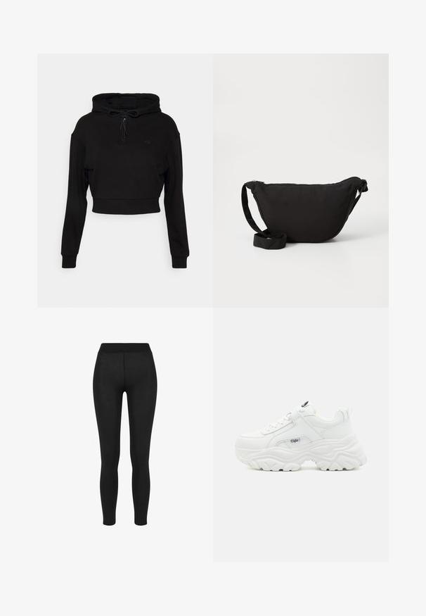 Even&Odd active by Zalando Hættetrøje - black; Sorte leggings i glat stof, med høj talje, tætsiddende design og uden synlige sømme, velegnet til afslappet eller aktivt brug.; Hvide chunky sneakers med en glat læderoverdel, rund tå og tyk tekstureret sål med et synligt brandlogo på siden.; Sort hobo taske lavet af blødt stof, med en buet form, lynlåslukning og en bred justerbar rem. Glat tekstur uden mønstre.