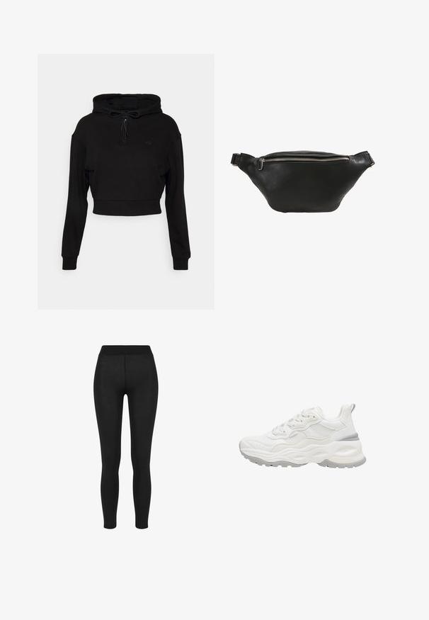 Even&Odd active by Zalando Mikina s kapucňou - black; Čierne legíny s hladkým materiálom, vysokým pásom, priliehavým strihom a bez viditeľných švov, vhodné na bežné nosenie alebo na aktívne športovanie.; Biela masívna teniska s textúrovanou podrážkou, sieťovinovým a koženým zvrškom, šnurovacím zapínaním a ťahacím pútkom na päte na bielom pozadí.; Čierna kožená ledvinka s hladkou textúrou, zakriveným tvarom a strieborným zipsom. Obsahuje jeden nastaviteľný popruh.