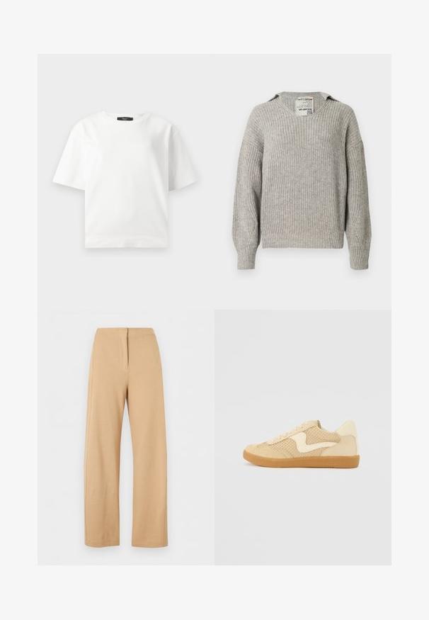 Pull en tricot gris clair avec col en V, coupe ample, épaules tombantes et poignets côtelés. Le tissu présente un motif texturé.; T-shirt blanc à manches courtes avec une coupe décontractée, en tissu de coton lisse, doté d'un col rond et sans motifs ni accents visibles.; Pantalon beige taille haute à jambes larges avec un détail simple de couture frontale et une fermeture dissimulée, présenté sur fond blanc.; Sneaker beige avec des matériaux en daim et en maille, forme arrondie, col rembourré proéminent et semelle en caoutchouc gomme. Présente un accent de design en forme de vague.