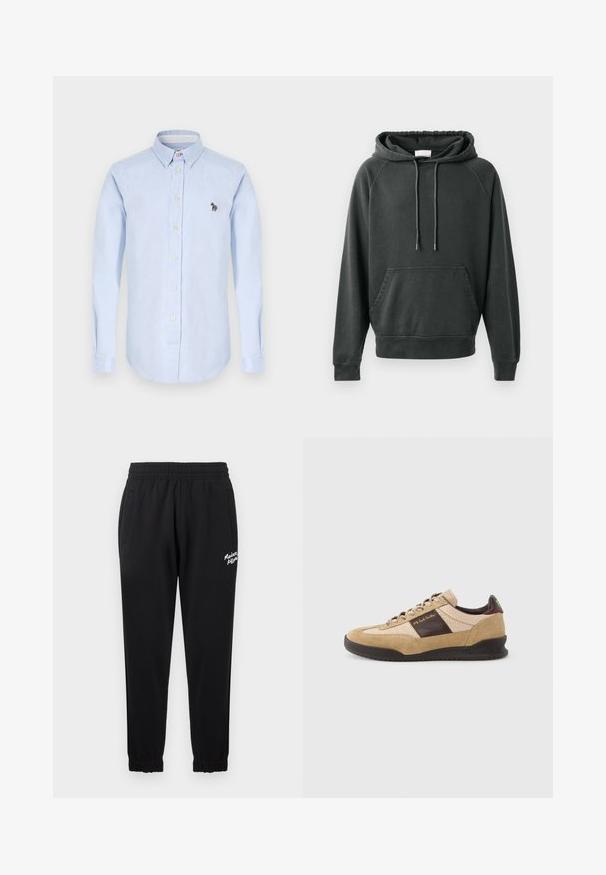 CLOSED Hættetrøje - black; Lysblå skjorte med lange ærmer, krave, frontknapper og en lille broderet zebra detalje på brystet.; Sorte joggingbukser lavet af blødt stof, med elastisk talje, sidelommer og skrå afslutninger. Hvidt logotekst på den ene side.; Beige ruskindssneaker med et tekstureret brunt panel, kontrasterende brun hæl og flerfarvede snørebånd. Har en sort gummisål og guldfarvet mærkning.