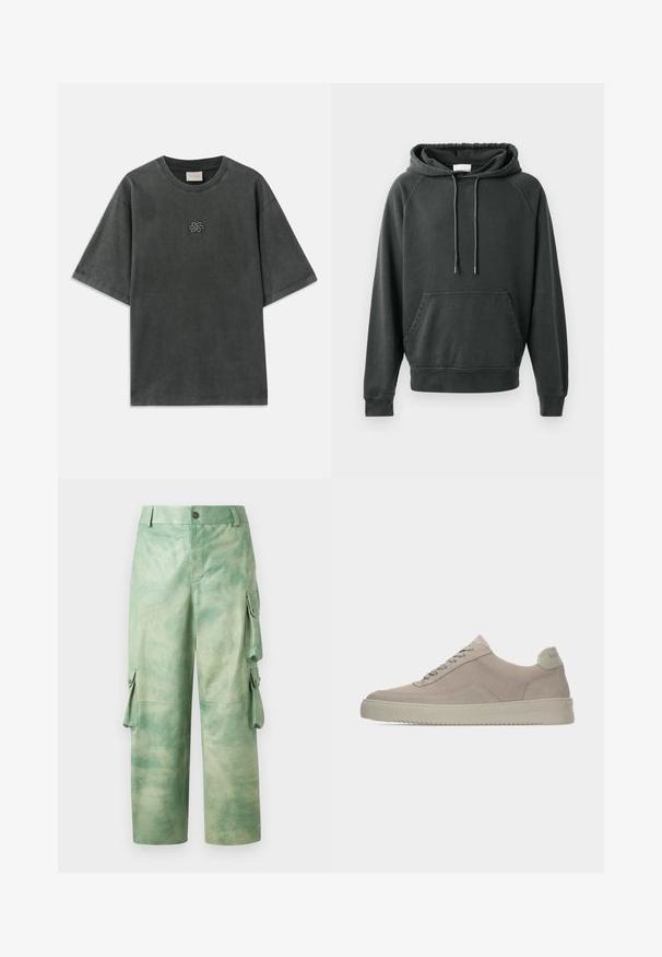 CLOSED Kapuzenpullover - black; Dunkelgraues oversized T-Shirt mit kurzen Ärmeln, Rundhalsausschnitt und kleinem bestickten Knotendesign mittig auf der Brust.; Les Benjamins VINTAGE PANT - Lederhose - army green; Beige Wildledersneaker mit strukturierter Oberfläche, abgerundeter Zehenpartie und tonalen Schnürsenkeln. Verfügt über eine dicke Gummisohle und dezente Markenkennzeichnung an der Ferse.