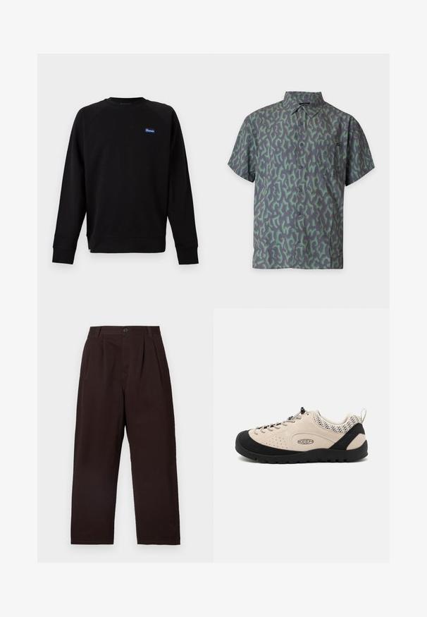 Sudadera negra de manga larga con cuello redondo, con un pequeño parche del logo "Penfield" en azul y blanco en el lado izquierdo del pecho, puños y dobladillo acanalados.; Camisa de manga corta con botones, estampado de camuflaje abstracto en verde y gris oscuro y bolsillo en el pecho.; Pantalones marrón oscuro con pliegues y cierre de botón, hechos de suave algodón. Presentan piernas rectas y una textura sutil.; Zapato de ante beige con puntera y suela de goma negra, que presenta un diseño de cordones y acentos de malla transpirable en el talón.