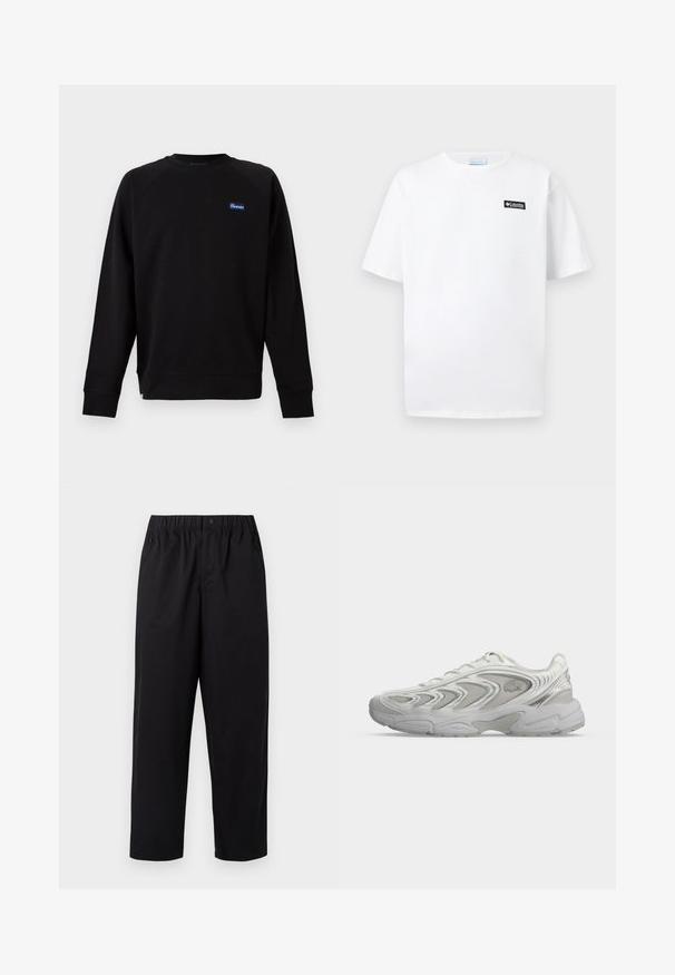 Schwarzes Sweatshirt mit langen Ärmeln und Rundhalsausschnitt, mit kleinem blau-weißem "Penfield"-Logo-Patch auf der linken Brust, gerippte Bündchen und Saum.; Weißes T-Shirt mit kurzen Ärmeln und Rundhalsausschnitt, mit kleinem schwarzem rechteckigem Columbia-Logo auf der linken Brust.; Schwarze, weit geschnittene Hose mit einem elastischen Bund und einem einzelnen Knopf. Aus einem glatten, leichten Stoff gefertigt. Gerader Saum.; Weißer Sportschuh mit wellenförmigen Mustern, Mesh-Einsätzen und dicker, gepolsterter Sohle, von der Seite auf hellem, einfarbigem Hintergrund gezeigt.