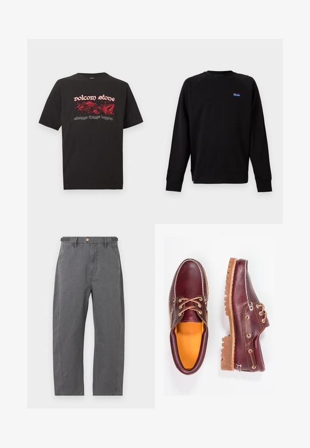 Sweat-shirt noir à manches longues avec col ras du cou, petit patch logo "Penfield" bleu et blanc sur la poitrine gauche, poignets et ourlet côtelés.; T-shirt noir à coupe ample avec des graphismes abstraits de flammes rouges et le texte « volcom stone » et « strange things happen » sur le devant.; Pantalon gris à jambes droites, avec poches avant, passants pour ceinture et fermeture par bouton en laiton, présenté sur fond blanc.; Chaussures en cuir bourgogne avec semelles en caoutchouc marron, bout rond, couture blanche et œillets dorés. L'intérieur présente une doublure jaune.