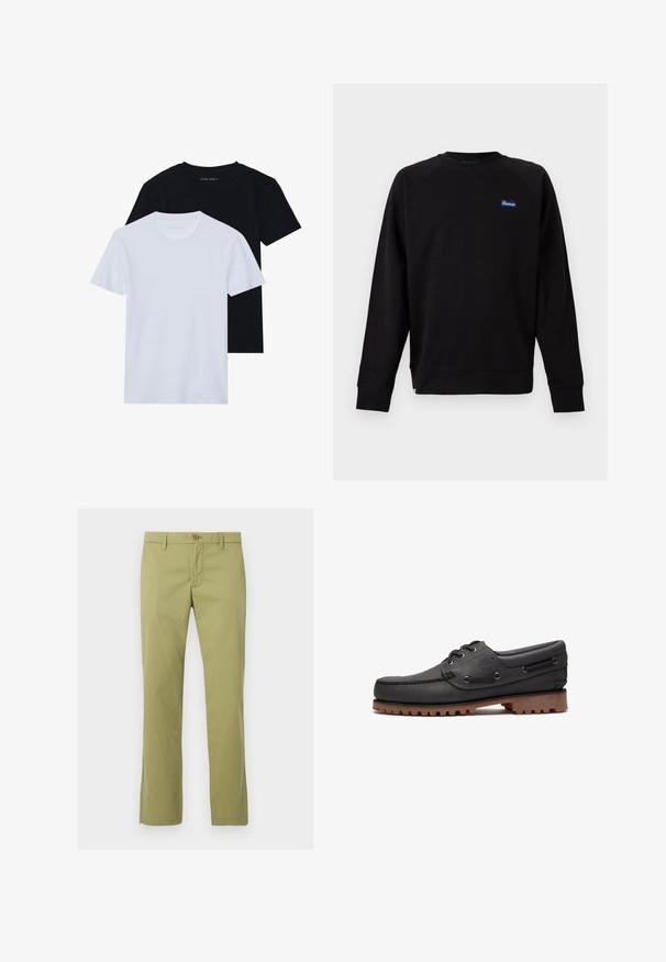 Sort langærmet crewneck-sweatshirt med lille blå og hvid "Penfield"-logo på venstre bryst, ribstrikkede manchetter og kant.; To kortærmede t-shirts med rund hals, en sort og en hvid, lavet af blødt bomuldsstof med ribbet struktur. Klassisk pasform design.; Lysegrønne bukser med lige ben, lukkes med knap og lynlås, bæltestropper og uden synlige lommer, vist forfra på en hvid baggrund.; Sort læder bådsko med snøredetaljer, rund tå, struktureret brun gummisål og sydd læderside.