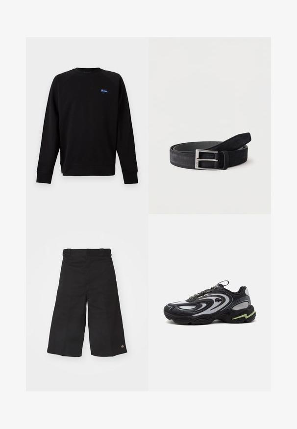Sudadera negra de manga larga con cuello redondo, con un pequeño parche del logo "Penfield" en azul y blanco en el lado izquierdo del pecho, puños y dobladillo acanalados.; Pantalones cortos de pierna ancha en negro, hechos de un tejido duradero. Presentan una textura suave y un pequeño logo en el dobladillo. Cuatro trabillas en la cintura.; Zapatilla Lacoste Storm 2K negra y gris con patrones ondulados, diseño con cordones y una suela gruesa con un detalle en verde claro.; Cinturón de cuero de ante negro enrollado con hebilla metálica rectangular plateada sobre un fondo blanco liso.