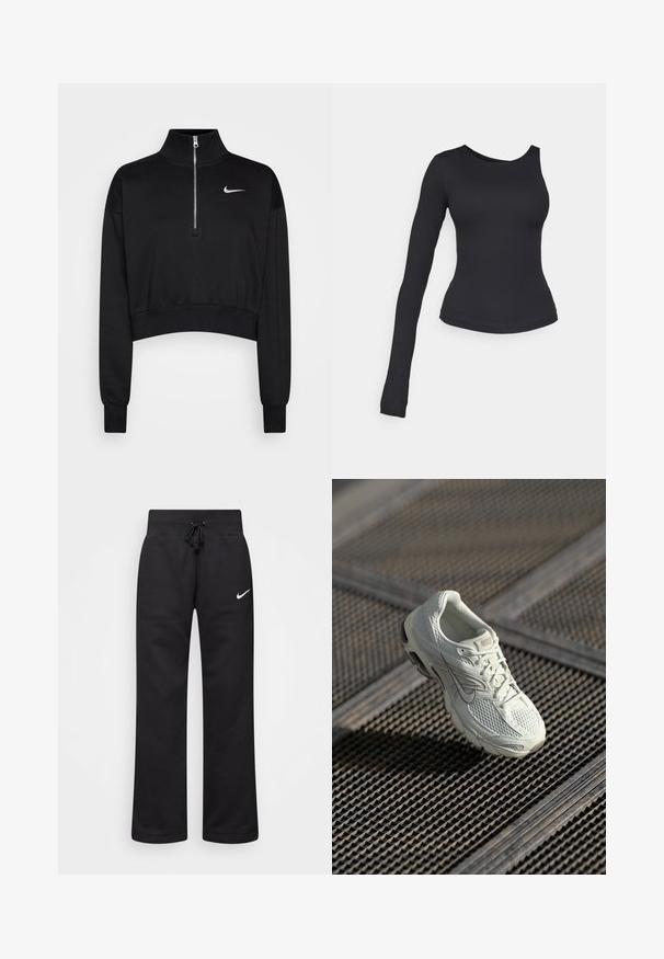 Sort cropped sweatshirt med høje krave, halv lynlås, ribbede manchetter og et lille hvidt Nike-logo på venstre bryst. Blød stoftekstur.; Sort langærmet top med ét skulderdesign. Fremstillet af elastisk materiale, tætsiddende silhuet og glat tekstur.; Sorte sweatpants lavet af en bomuldsblanding, med en snøre i taljen, lige ben og et hvidt Nike-logo på venstre side.; Hvide Nike løbesko med overdel i mesh og syntetisk materiale, som hviler på metalristgulv i blødt naturligt lys.