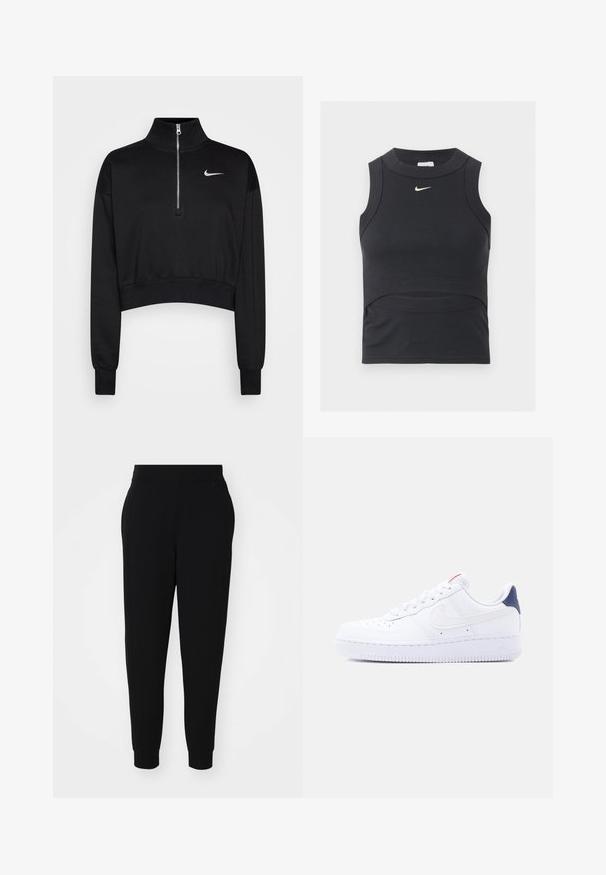 Sweatshirt noir court avec un col haut, fermeture à moitié zippée, poignets en côte et un petit logo Nike blanc sur la poitrine gauche. Texture de tissu doux.; Haut de sport court noir sans manches avec texture côtelée et logo Nike swoosh blanc sur la poitrine.; Pantalons de jogging noirs en tissu doux, avec une jambe ajustée, un waistband élastique et des poignets côtelés, dotés de coutures latérales pour un look soigné.; Baskets basses blanches avec perforations sur la pointe, lacets blancs, logo swoosh blanc et languette de talon bleu foncé.