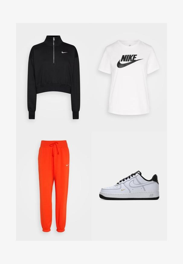 Black cropped sweatshirt with a high collar, half-zip closure, ribbed cuffs, and a small white Nike logo on the left chest. Soft fabric texture.; White cotton t-shirt with a crew neck, short sleeves, and a large black Nike logo printed across the chest. Smooth texture and casual design.; Nike Sportswear W PHNX FLC HR OS - Tracksuit bottoms - picante red/sail; White low-top Nike Air Force 1 sneaker with black sole, black laces, black heel, and small gold swoosh on side.