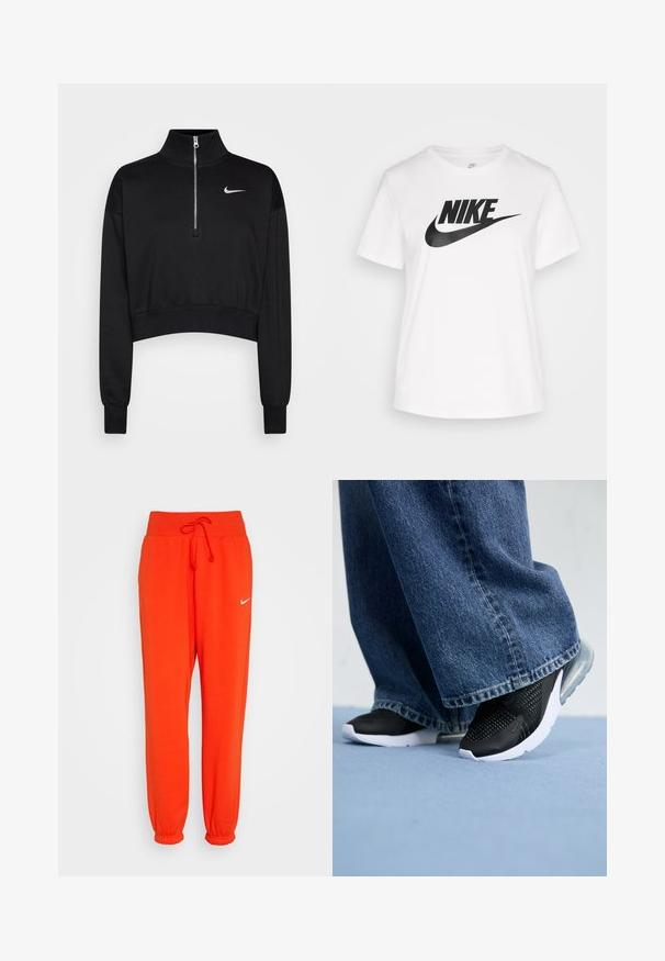 Čierny skrátený sveter s vysokým golierom, polovičným zipsom, rebrovanými manžetami a malým bielym logom Nike na ľavej hrudi. Mäkká textúra látky.; Biele bavlnené tričko s okrúhlym výstrihom, krátkymi rukávmi a veľkým čiernym logom Nike potlačeným na hrudi. Hladká textúra a neformálny dizajn.; Nike Sportswear W PHNX FLC HR OS - Tepláky - picante red/sail; Čierne športové topánky s priehľadnou štruktúrou, bielou podrážkou a viditeľným vzduchovým odpružením, spárované s modrými džínsami s širokými nohavicami.