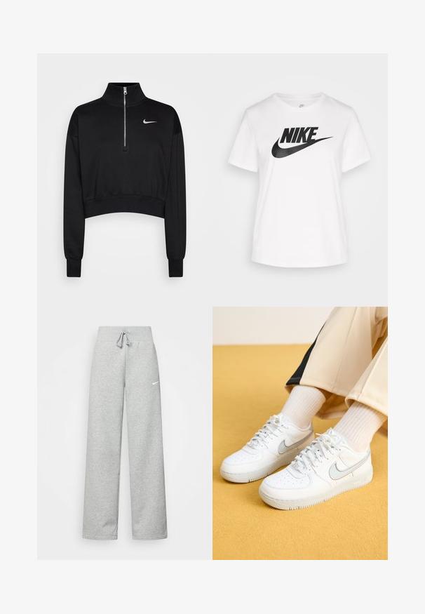 Sudadera negra corta con cuello alto, cierre de media cremallera, puños acanalados y un pequeño logo blanco de Nike en el lado izquierdo del pecho. Textura de tejido suave.; Camiseta de algodón blanca con cuello redondo, mangas cortas y un gran logo negro de Nike impreso en el pecho. Textura suave y diseño casual.; Pantalones de chándal grises con cintura elástica, detalle de cordón y un pequeño logo blanco de Nike en el muslo izquierdo. Tejido suave, de corte holgado.; Las zapatillas Nike Air Force 1 blancas cuentan con una parte superior de cuero suave, el icónico Swoosh con un detalle reflectante plateado y una puntera perforada.